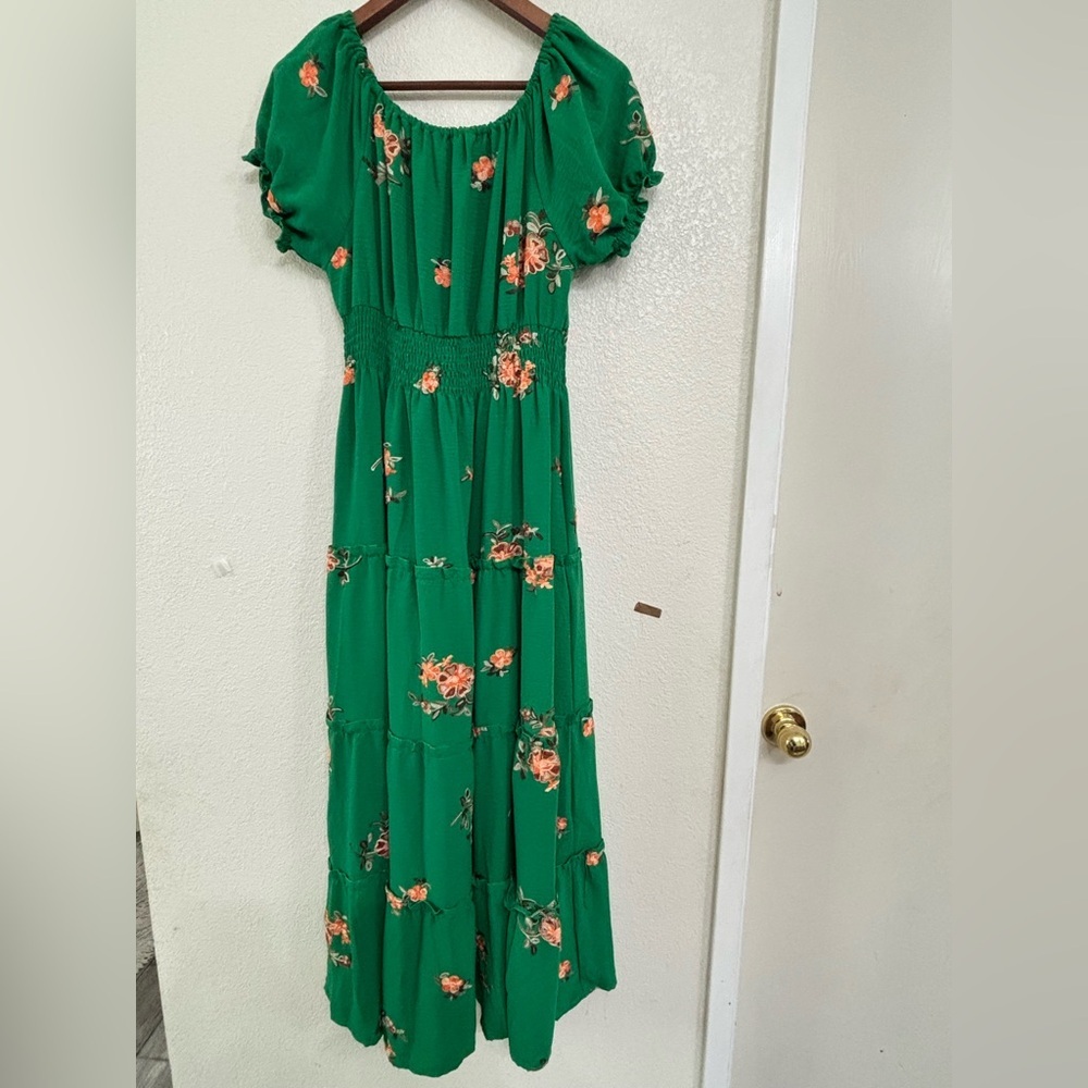Anthropologie Kindred Green Floral Embroidered Smocked Tiered Cottagecore Maxi - Picture 3 of 11